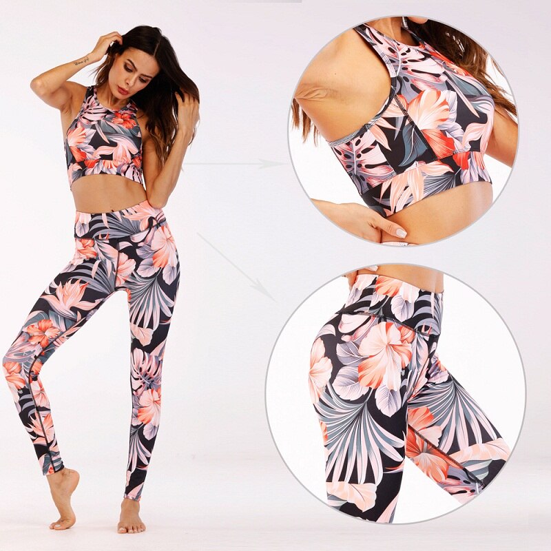 Print Women Fitness Yoga Set Sportwear Outfits Floral Workout Running Gym Wear Slim Tight Sports Suit 2peice Top Legging,ZF001