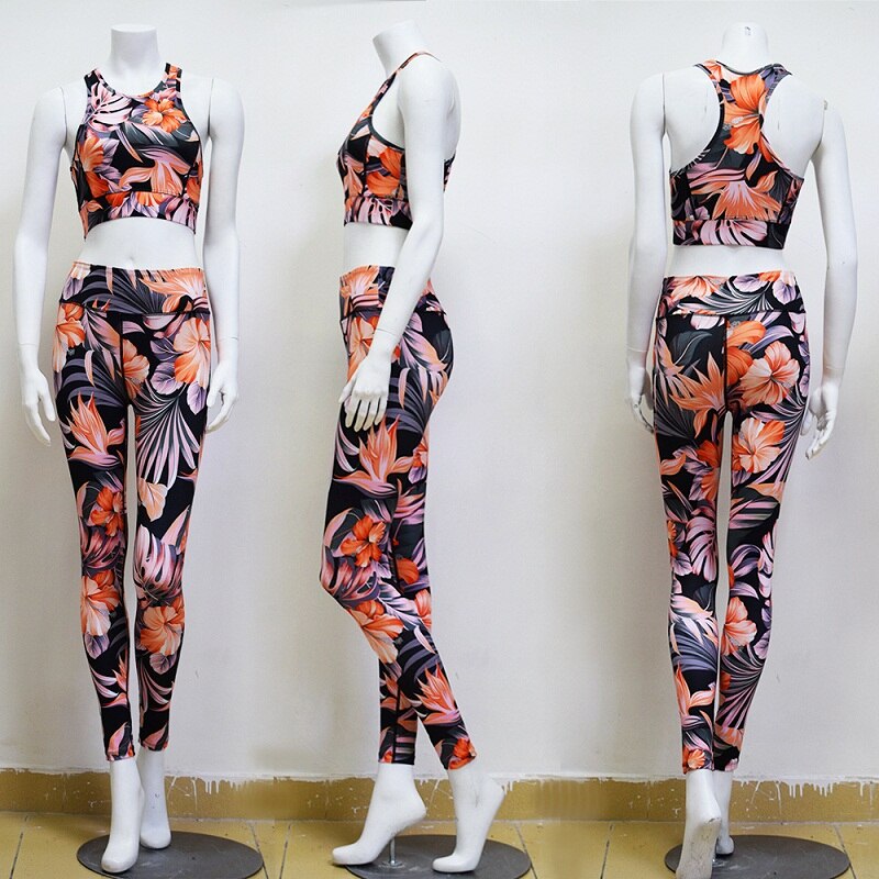 Print Women Fitness Yoga Set Sportwear Outfits Floral Workout Running Gym Wear Slim Tight Sports Suit 2peice Top Legging,ZF001